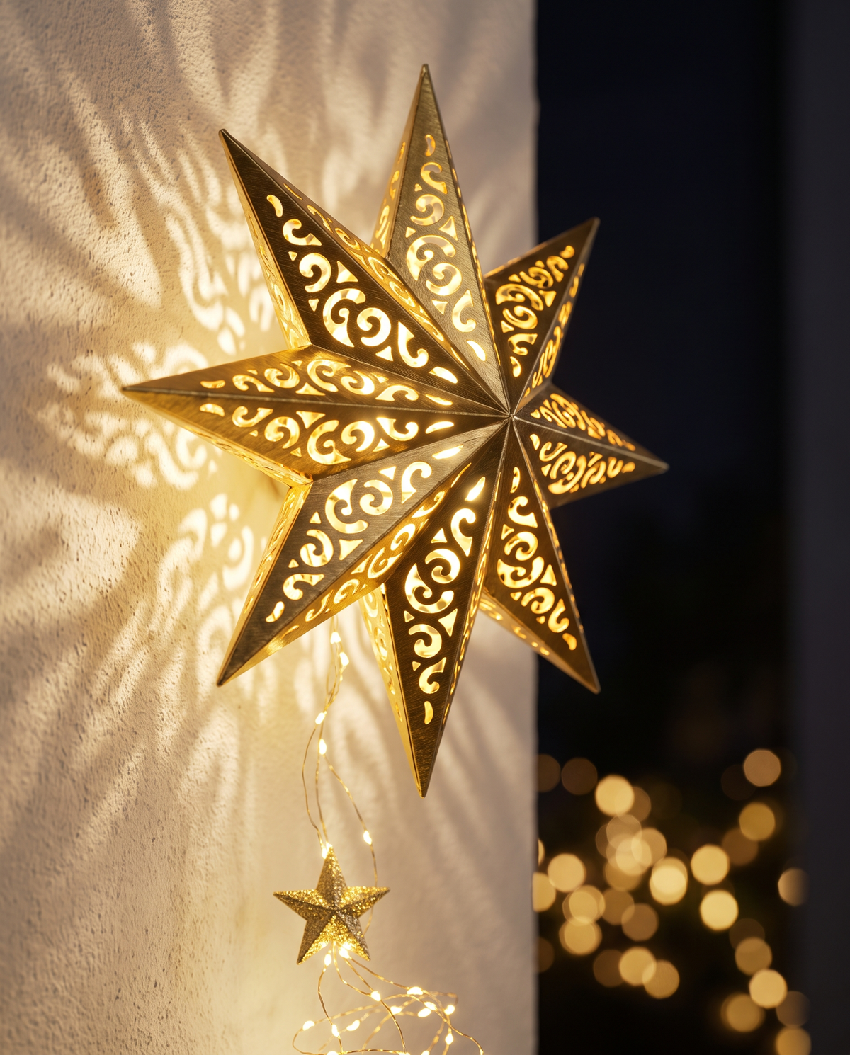Close-up of the glowing gold Bethlehem star