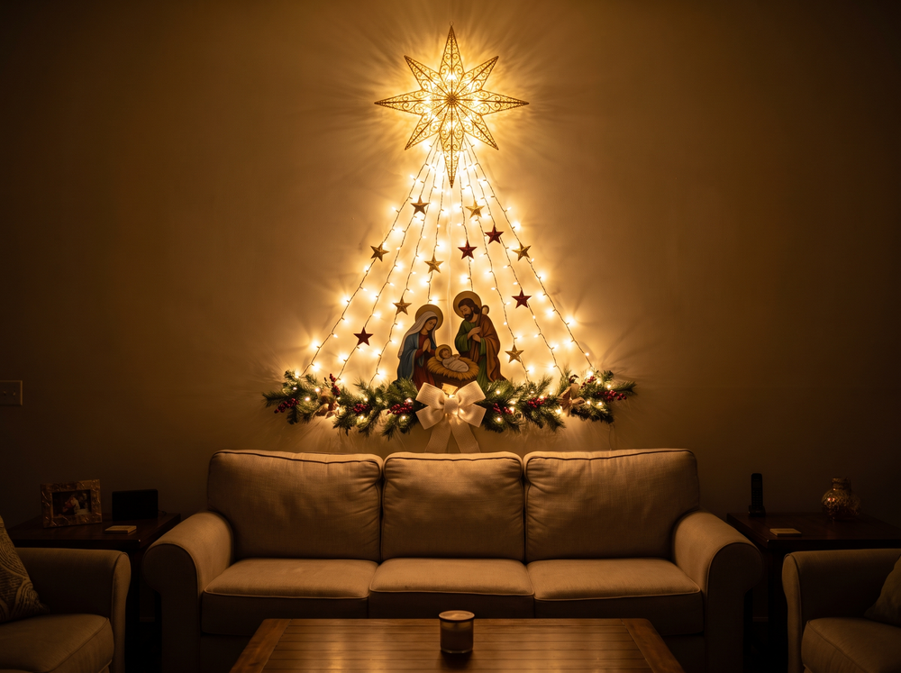 The same wall lit by the nativity display at night